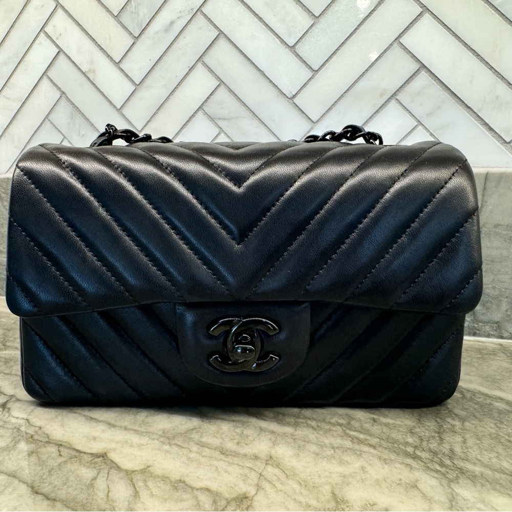 SOLD Chanel Lambskin Chevron Quilted Mini Rectangular Flap So Black